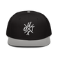 Front view of a black and grey bitcoin snapback hat.