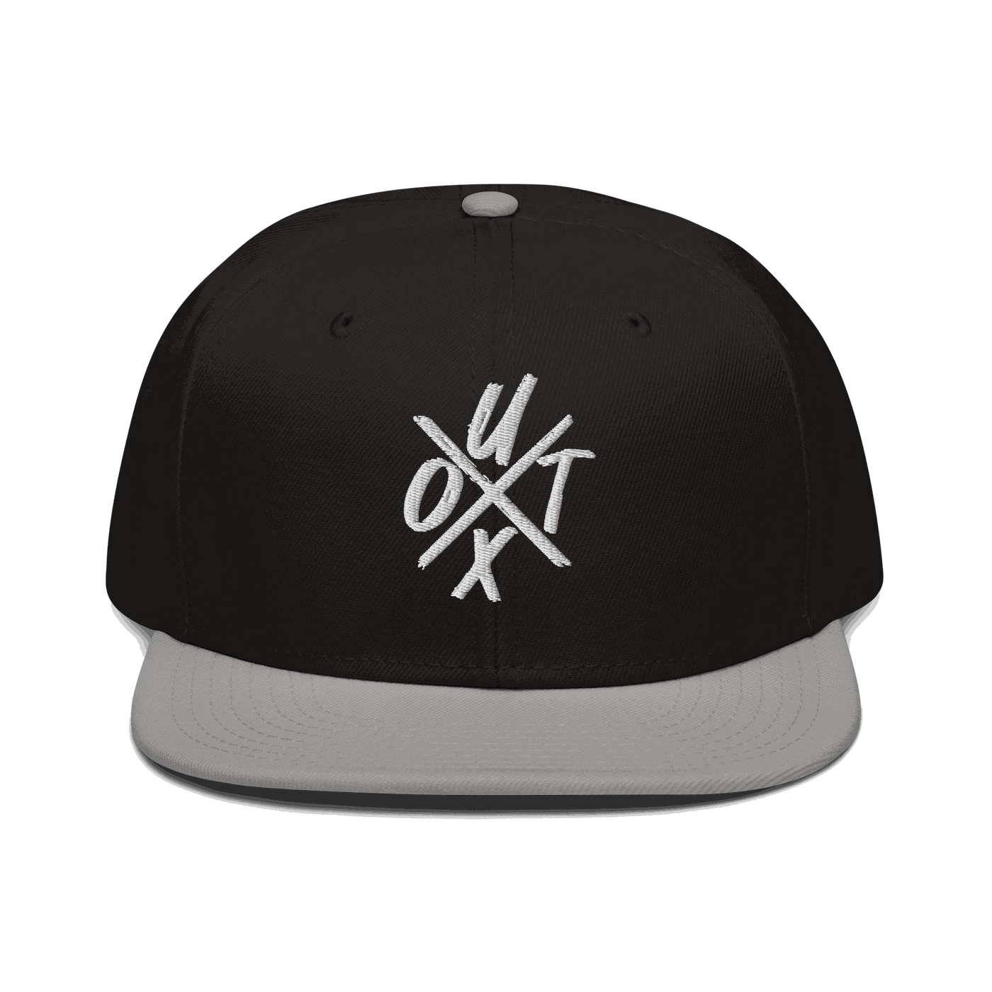 Front view of a black and grey bitcoin snapback hat.