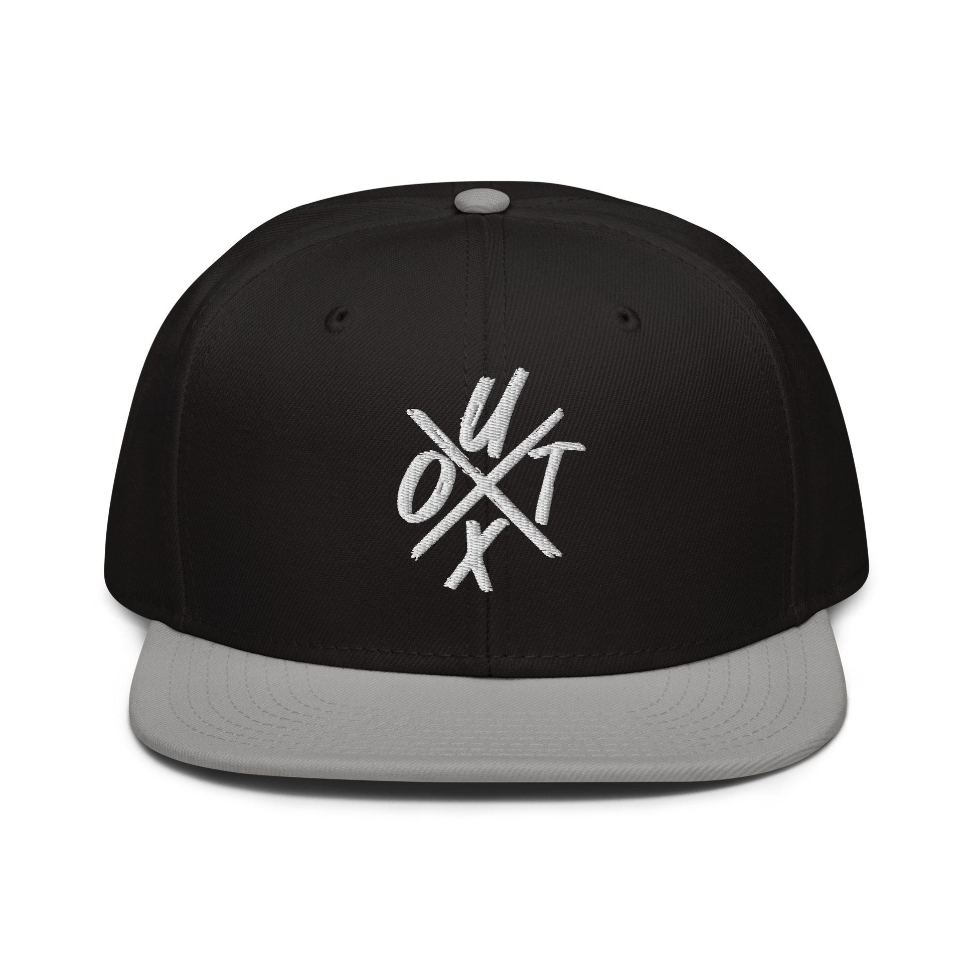 Front view of a black and grey bitcoin snapback hat.