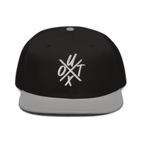 Front view of a black and grey bitcoin snapback hat.