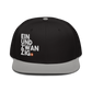 Front view of a black and grey bitcoin snapback hat.