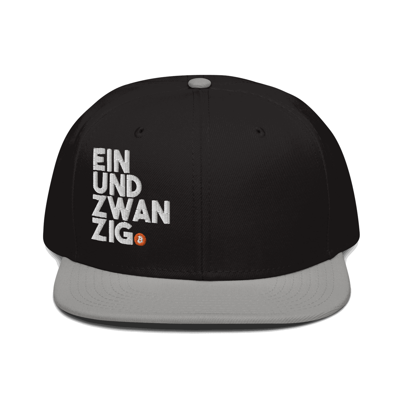 Black Einundzwanzig Bitcoin snapback hat with flat visor and grey under visor