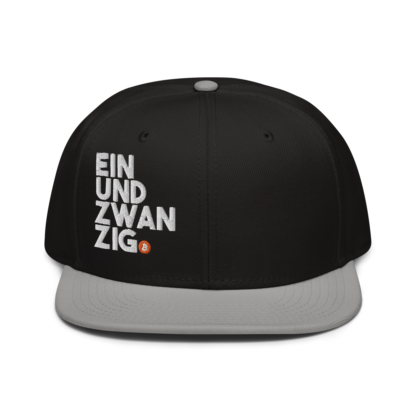 Front view of a black and grey bitcoin snapback hat.