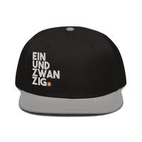 Black Einundzwanzig Bitcoin snapback hat with flat visor and grey under visor