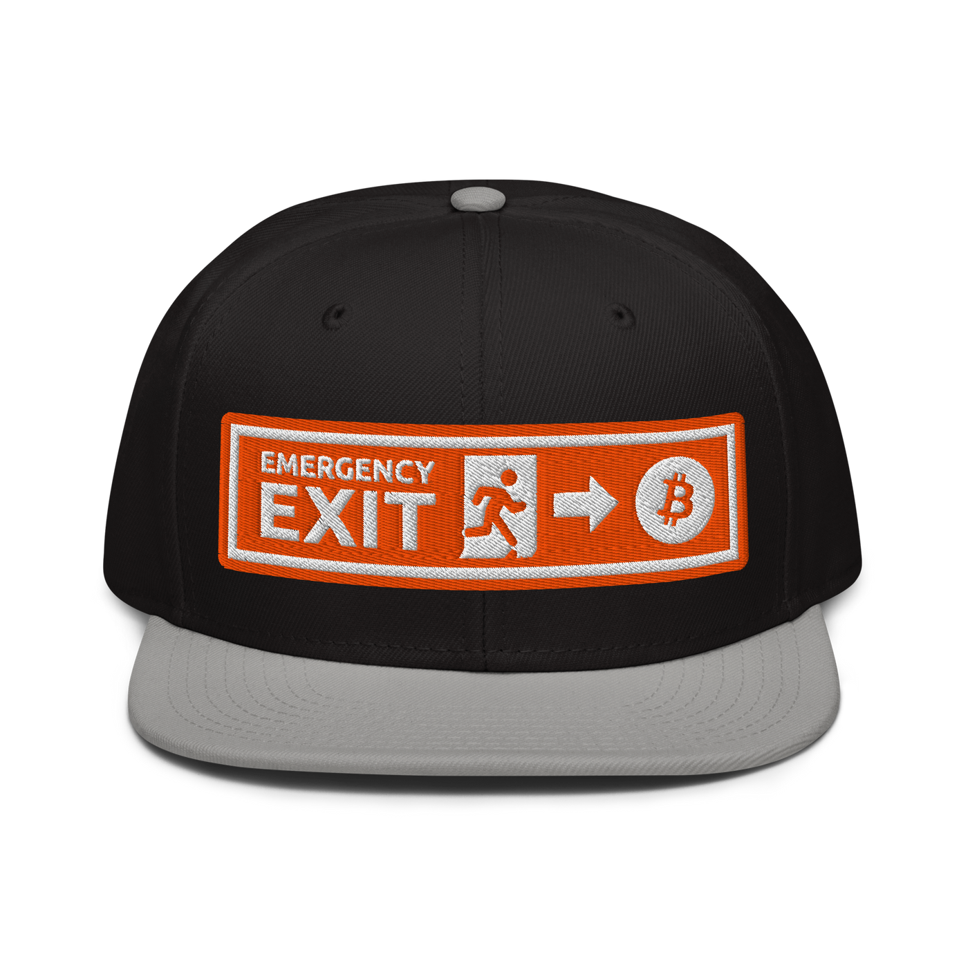 Emergency Exit bitcoin snapback hat in Gray / Black / Black, front view.