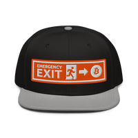 Emergency Exit bitcoin snapback hat in Gray / Black / Black, front view.