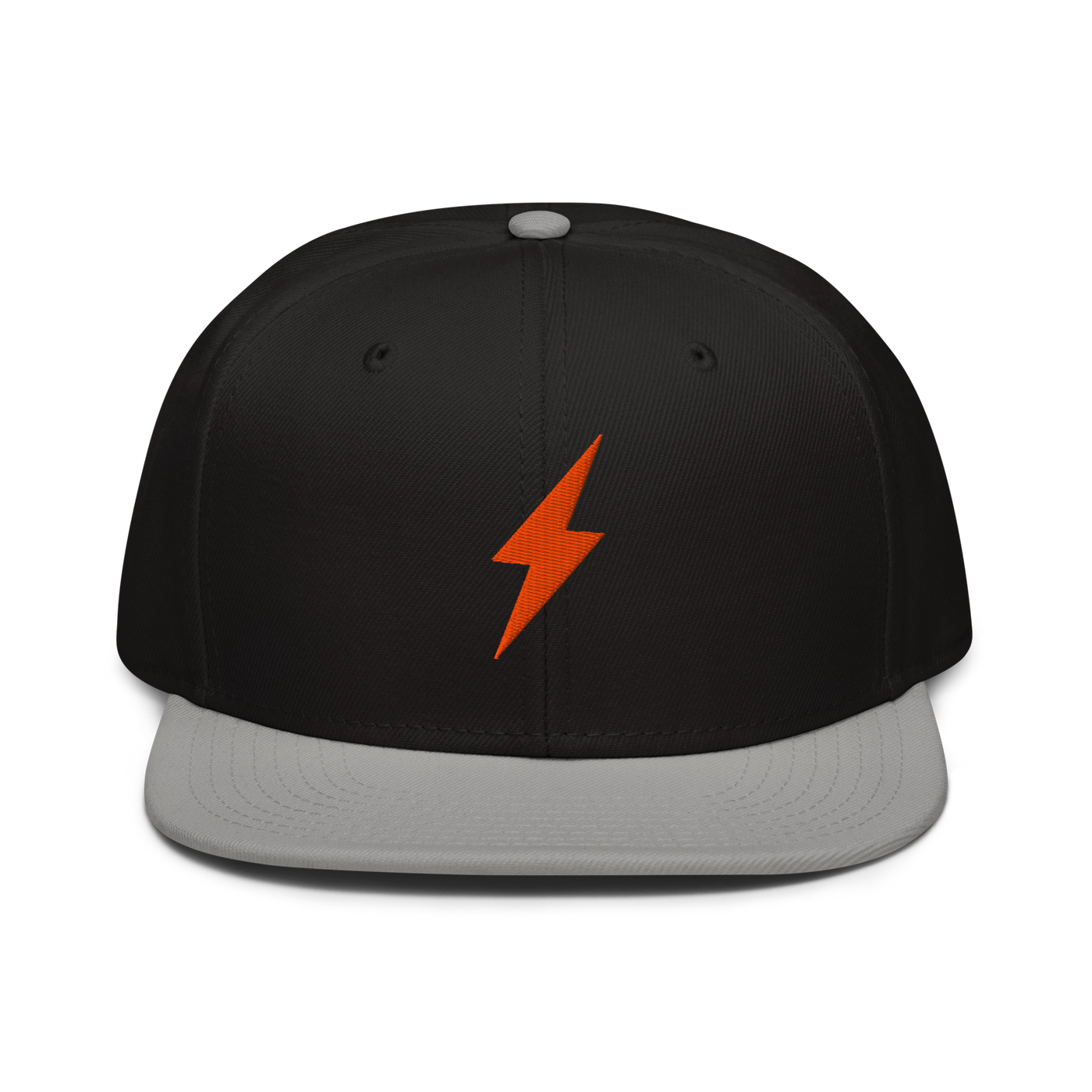 Lightning bitcoin snapback hat in Gray / Black / Black, front view.