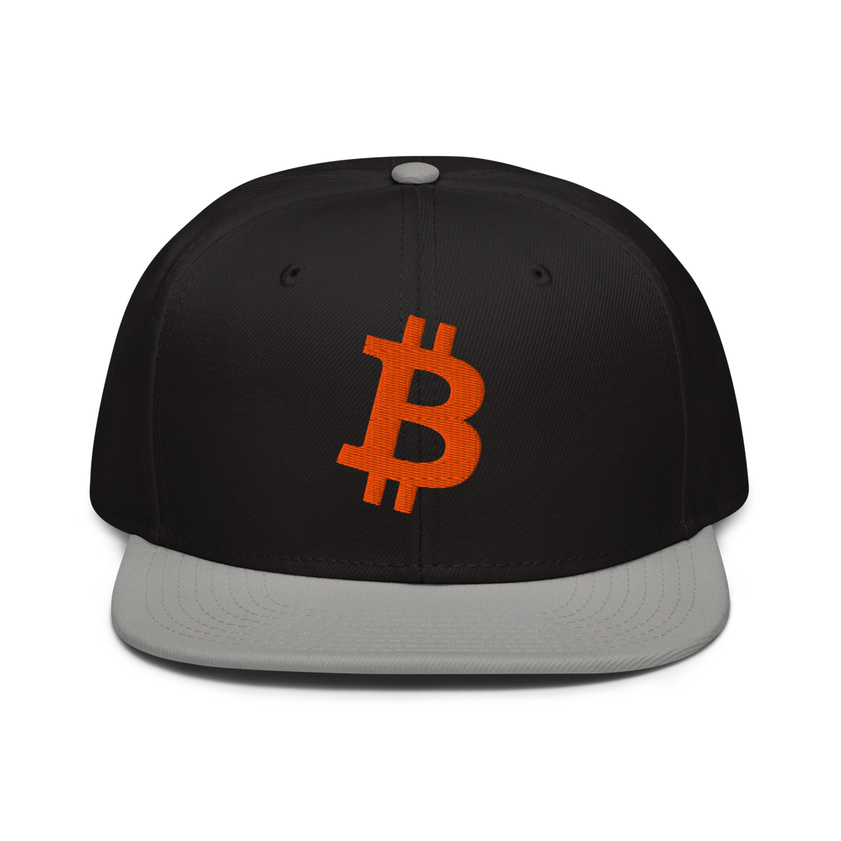 Bitcoin B bitcoin snapback hat in Gray / Black / Black, front view.