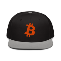 Bitcoin B bitcoin snapback hat in Gray / Black / Black, front view.