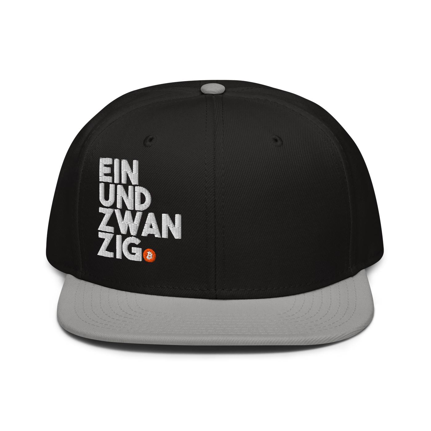 Einundzwanzig bitcoin snapback hat in Gray / Black / Black, front view.
