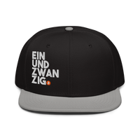 Einundzwanzig bitcoin snapback hat in Gray / Black / Black, front view.