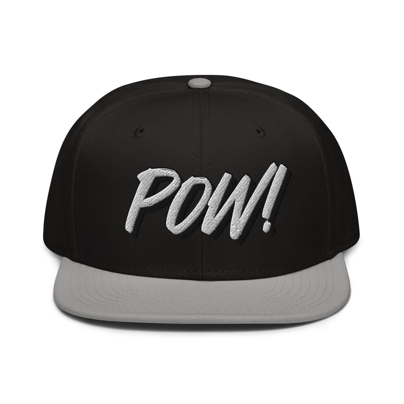 POW! Bitcoin-Snapback-Cap in Grau / Schwarz, Vorderansicht.