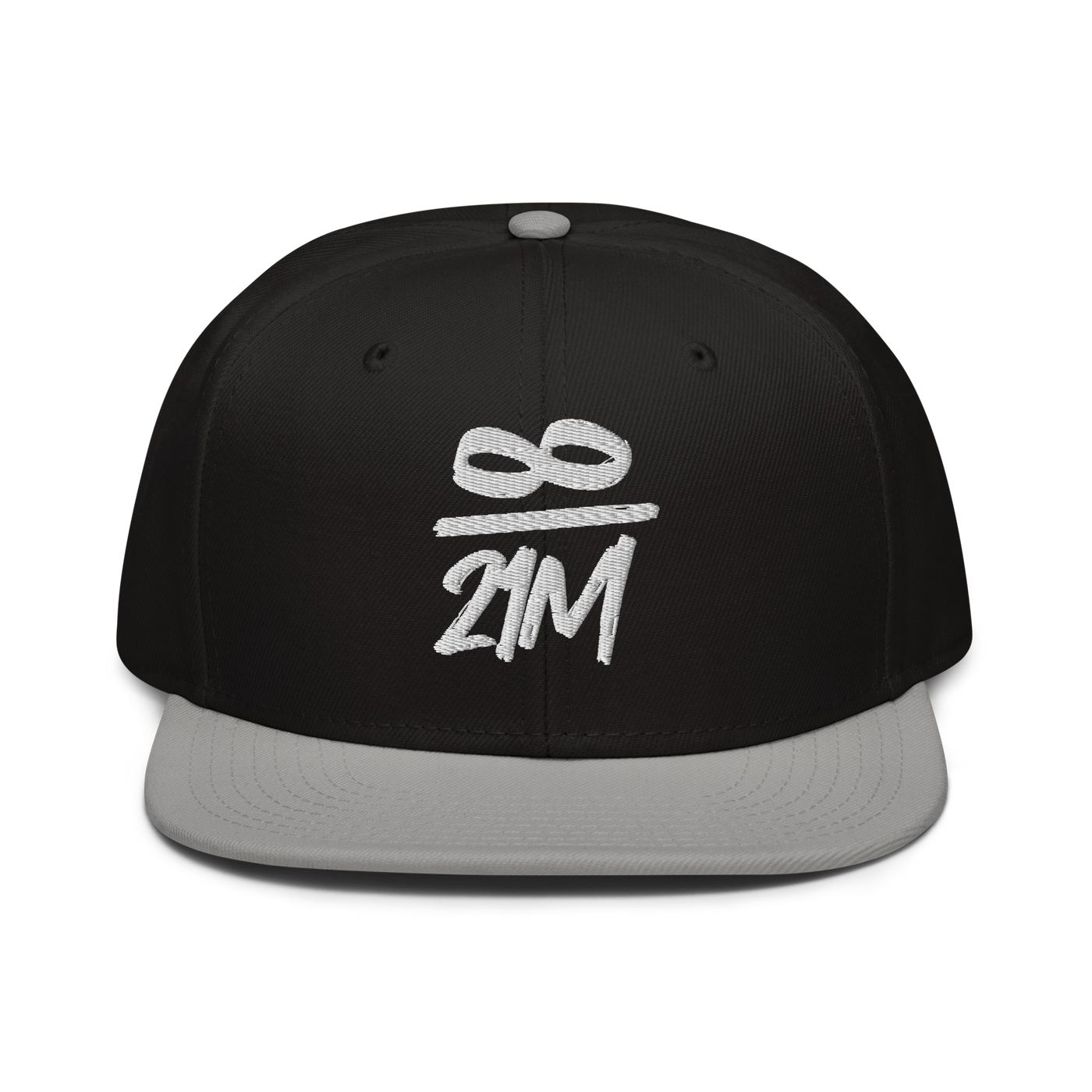 Infinity / 21M bitcoin snapback hat in Gray / Black / Black, front view.