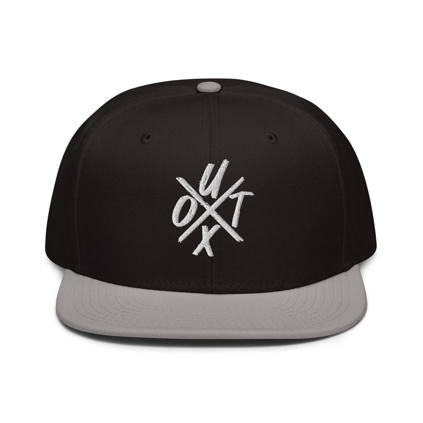 UTXO bitcoin snapback hat in Gray / Black / Black, front view.