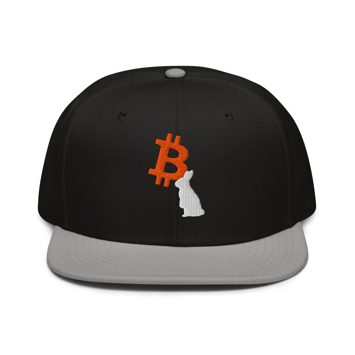 White Rabbit bitcoin snapback hat in Gray / Black / Black, front view.