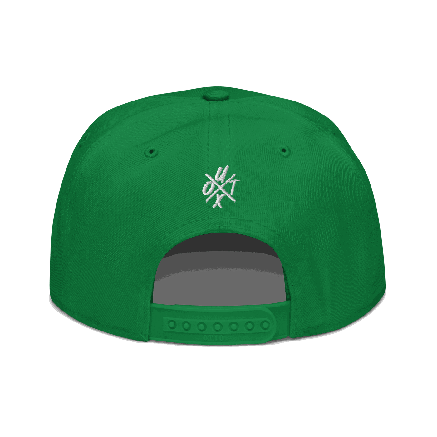 Back view of a green and black bitcoin snapback hat.