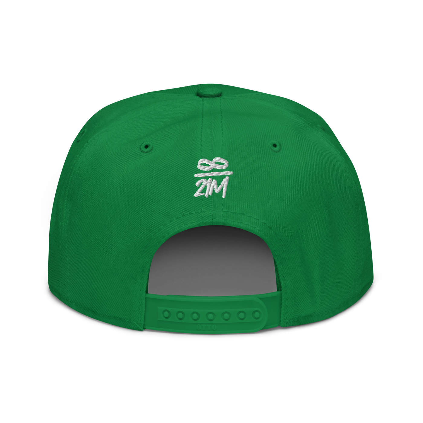 Infinity / 21M bitcoin snapback hat in Kelly Green, back view.