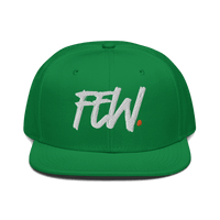 Front view of a green and black bitcoin snapback hat.