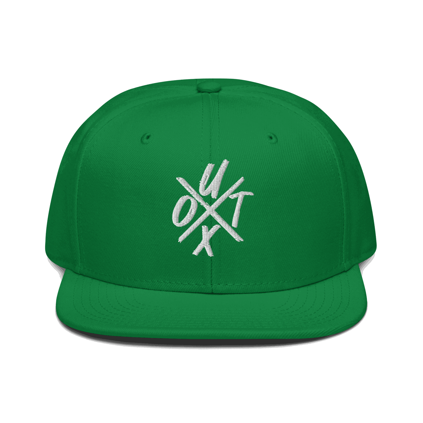 Front view of a green and black bitcoin snapback hat.