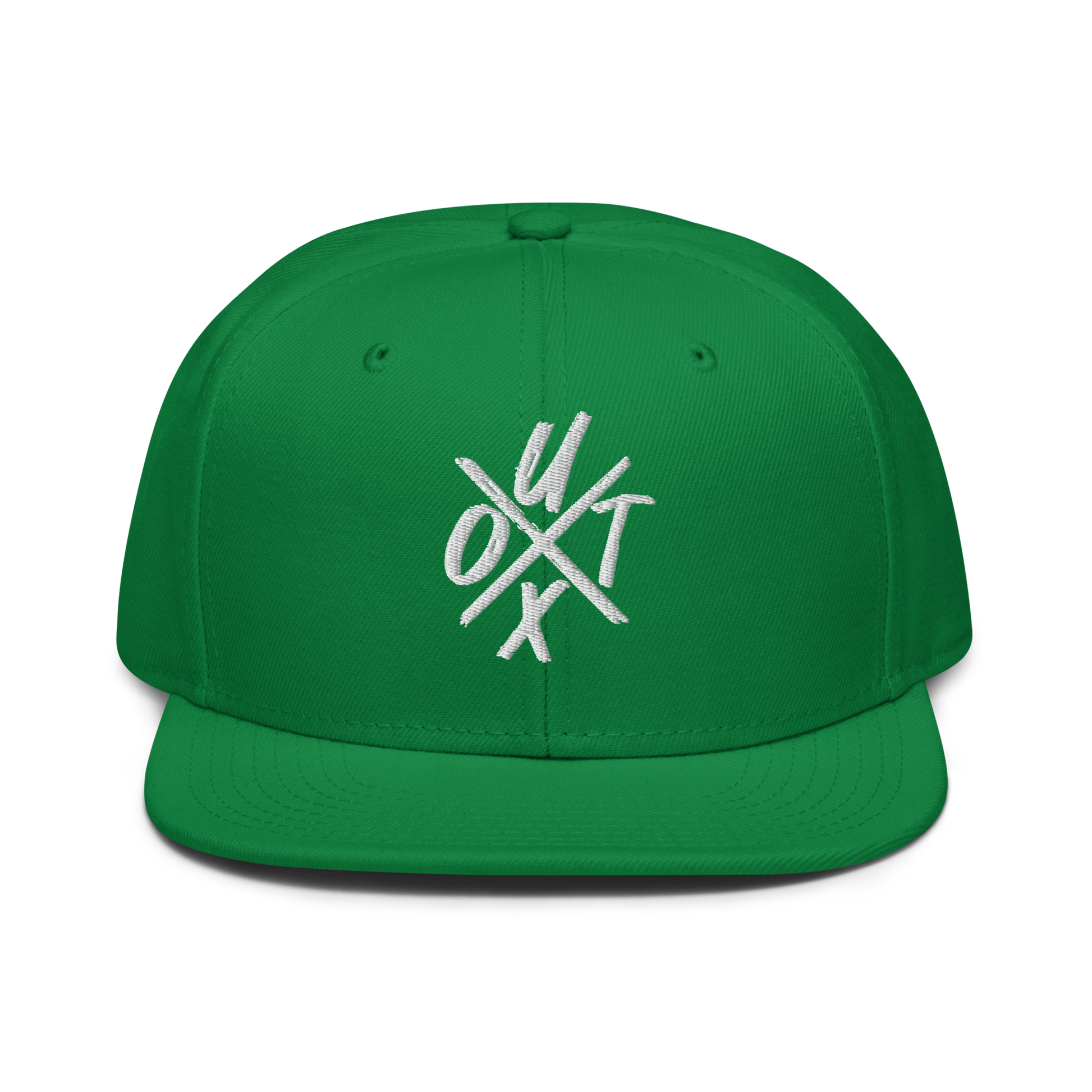 Front view of a green and black bitcoin snapback hat.