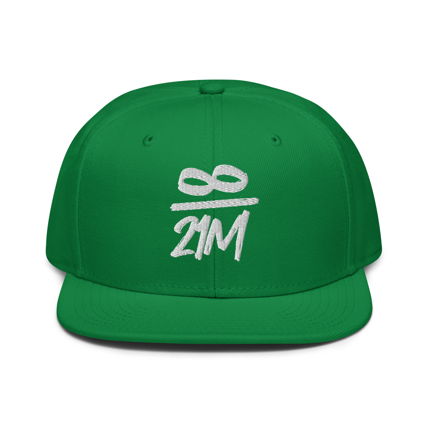 Infinity / 21M bitcoin snapback hat in Kelly Green, front view.