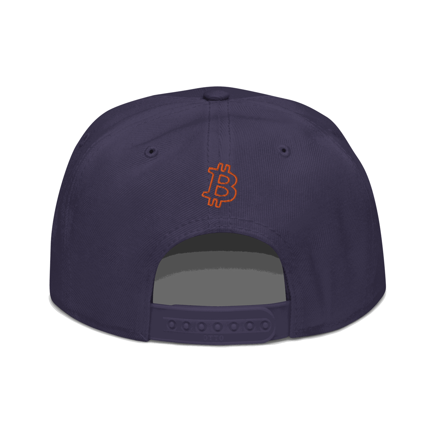 Back view of a navy blue bitcoin snapback hat.