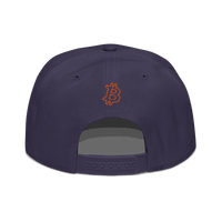 Back view of a navy blue bitcoin snapback hat.