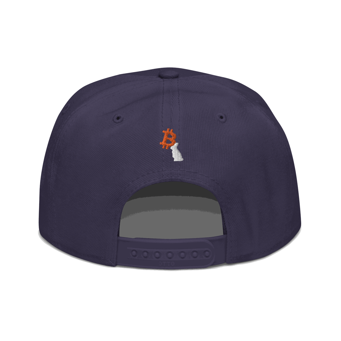 Back view of a navy blue bitcoin snapback hat.