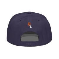 Back view of a navy blue bitcoin snapback hat.