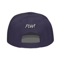 Back view of a navy blue bitcoin snapback hat.