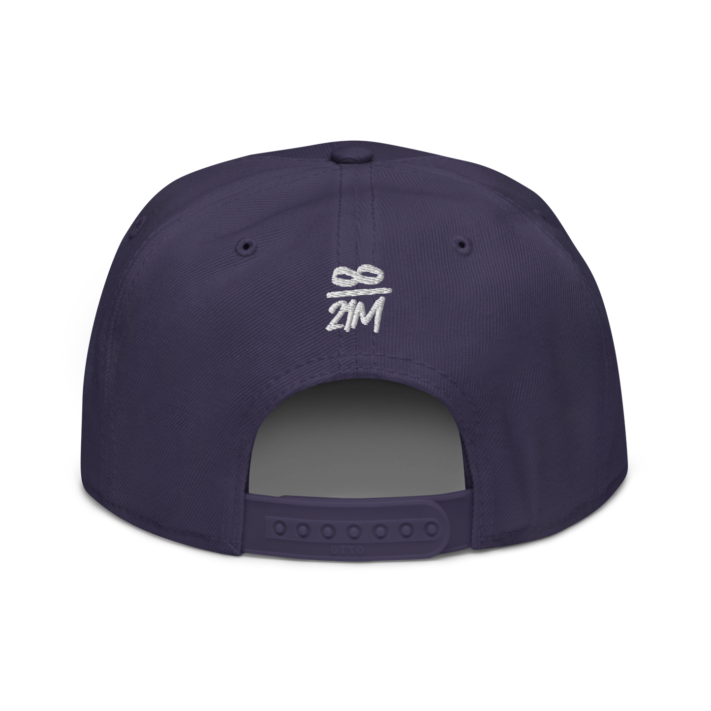 Back view of a navy blue bitcoin snapback hat.
