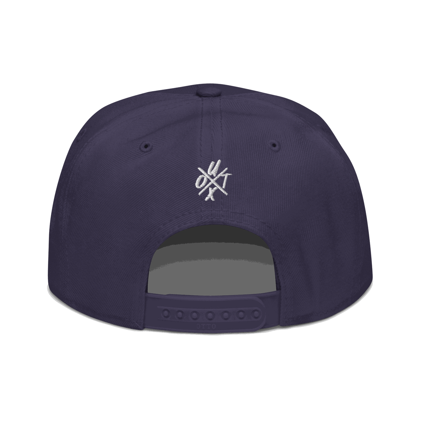 Back view of a navy blue bitcoin snapback hat.