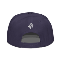 Back view of a navy blue bitcoin snapback hat.