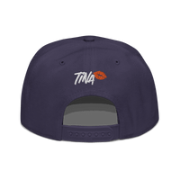 Back view of a navy blue bitcoin snapback hat.