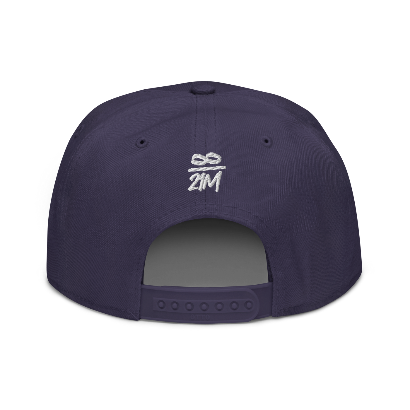 Infinity / 21M bitcoin snapback hat in Navy, back view.