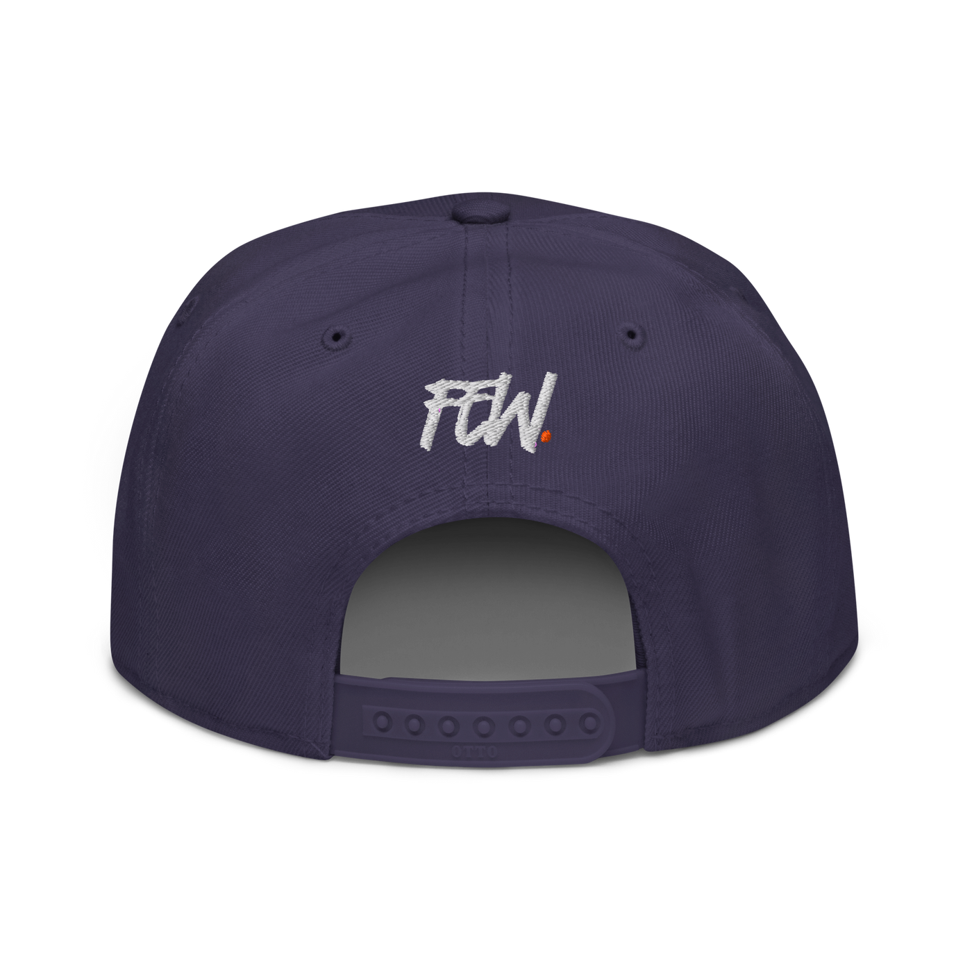 Few. bitcoin snapback hat in Navy, back view.