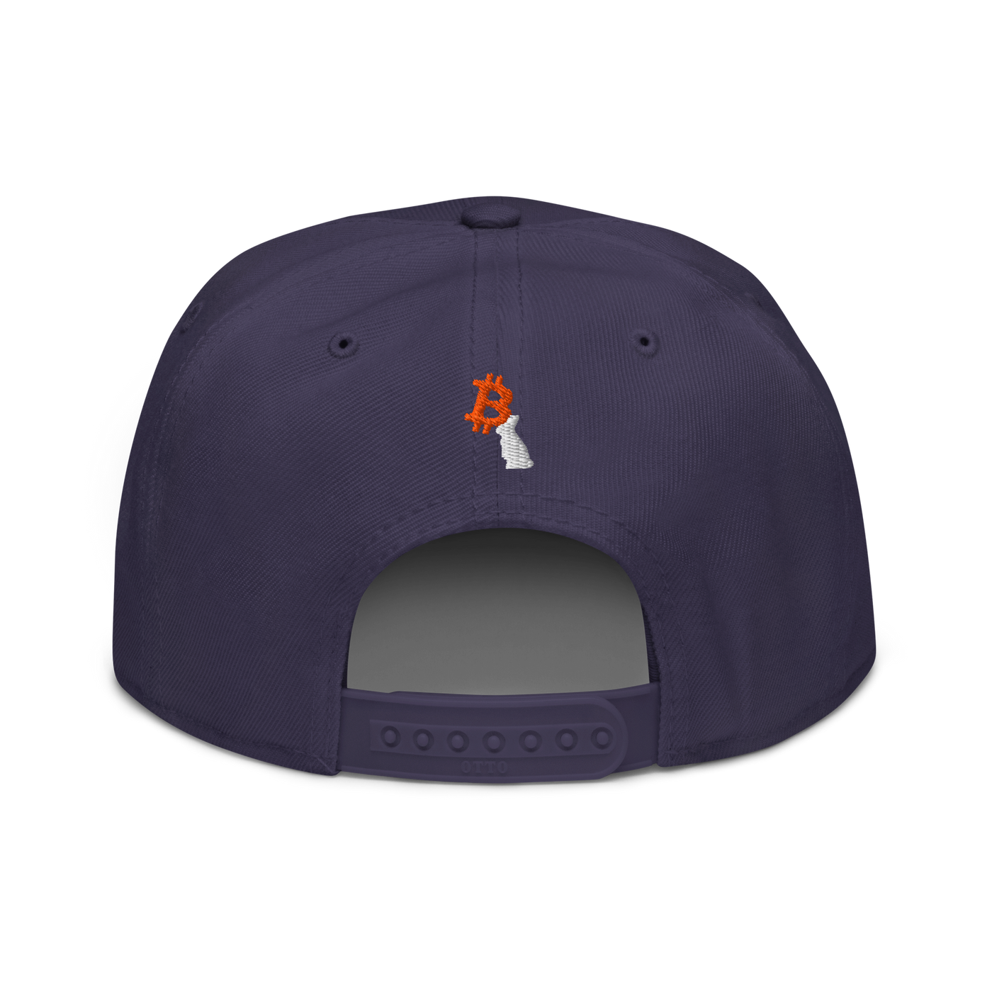 White Rabbit bitcoin snapback hat in Navy, back view.