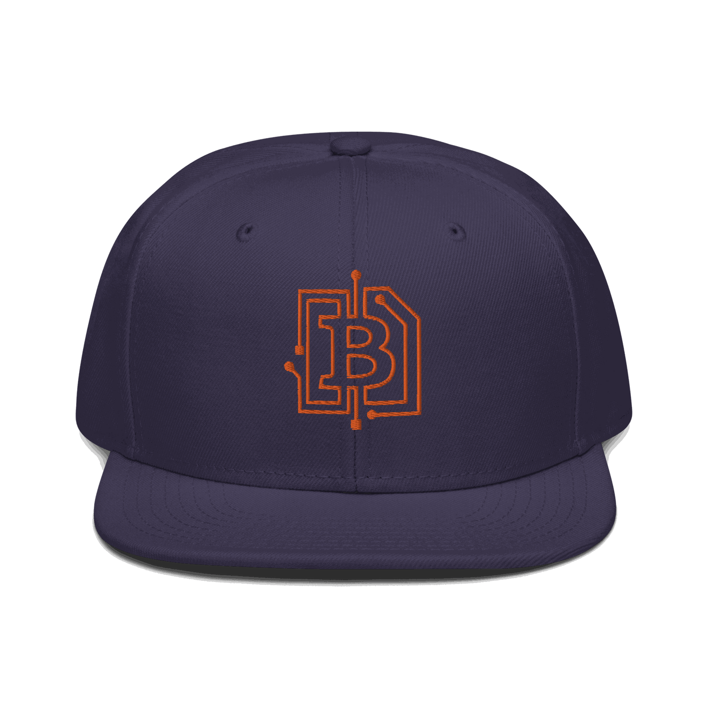 Front view of a navy blue bitcoin snapback hat.