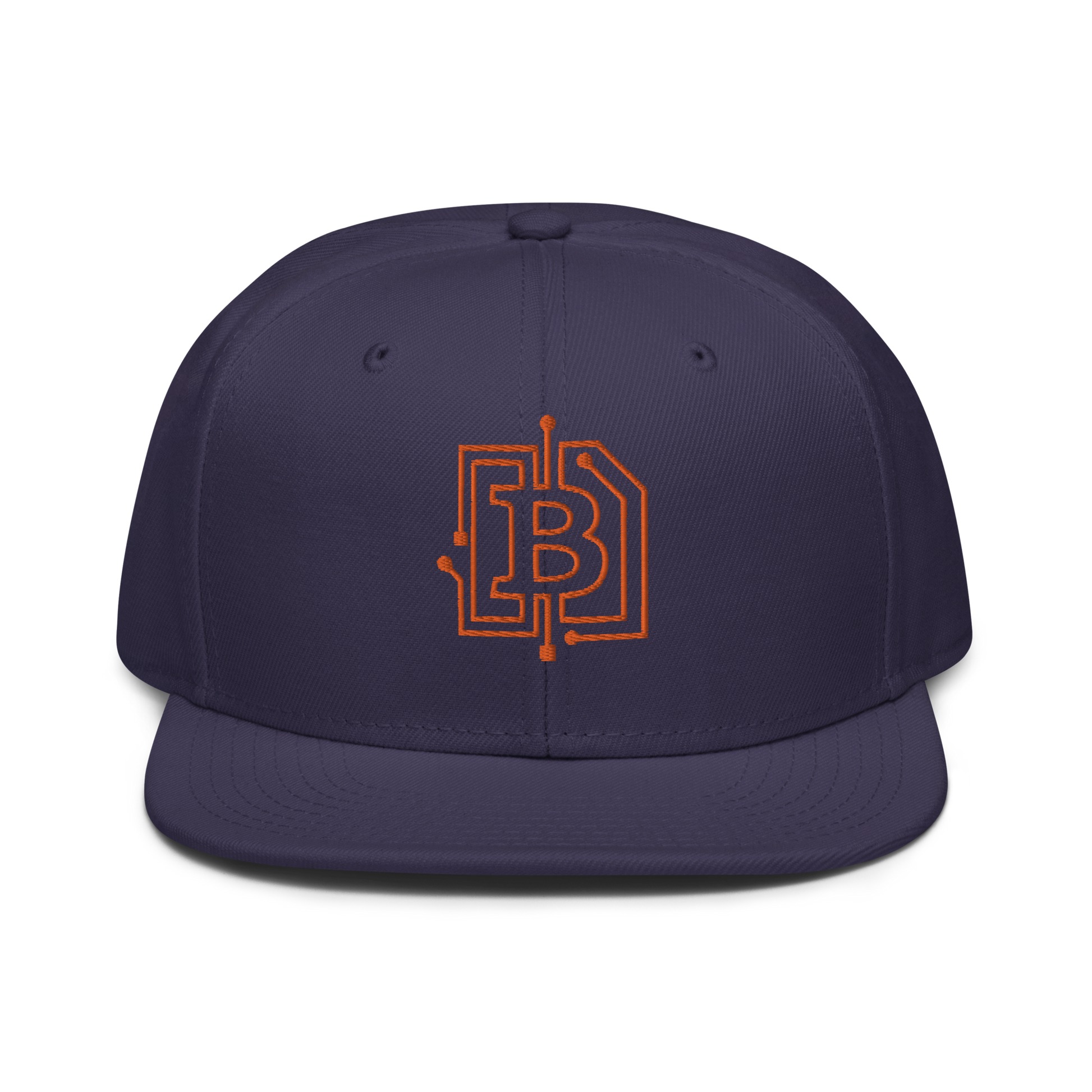 Front view of a navy blue bitcoin snapback hat.