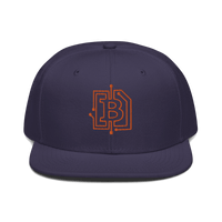 Front view of a navy blue bitcoin snapback hat.