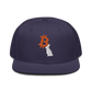 Front view of a navy blue bitcoin snapback hat.