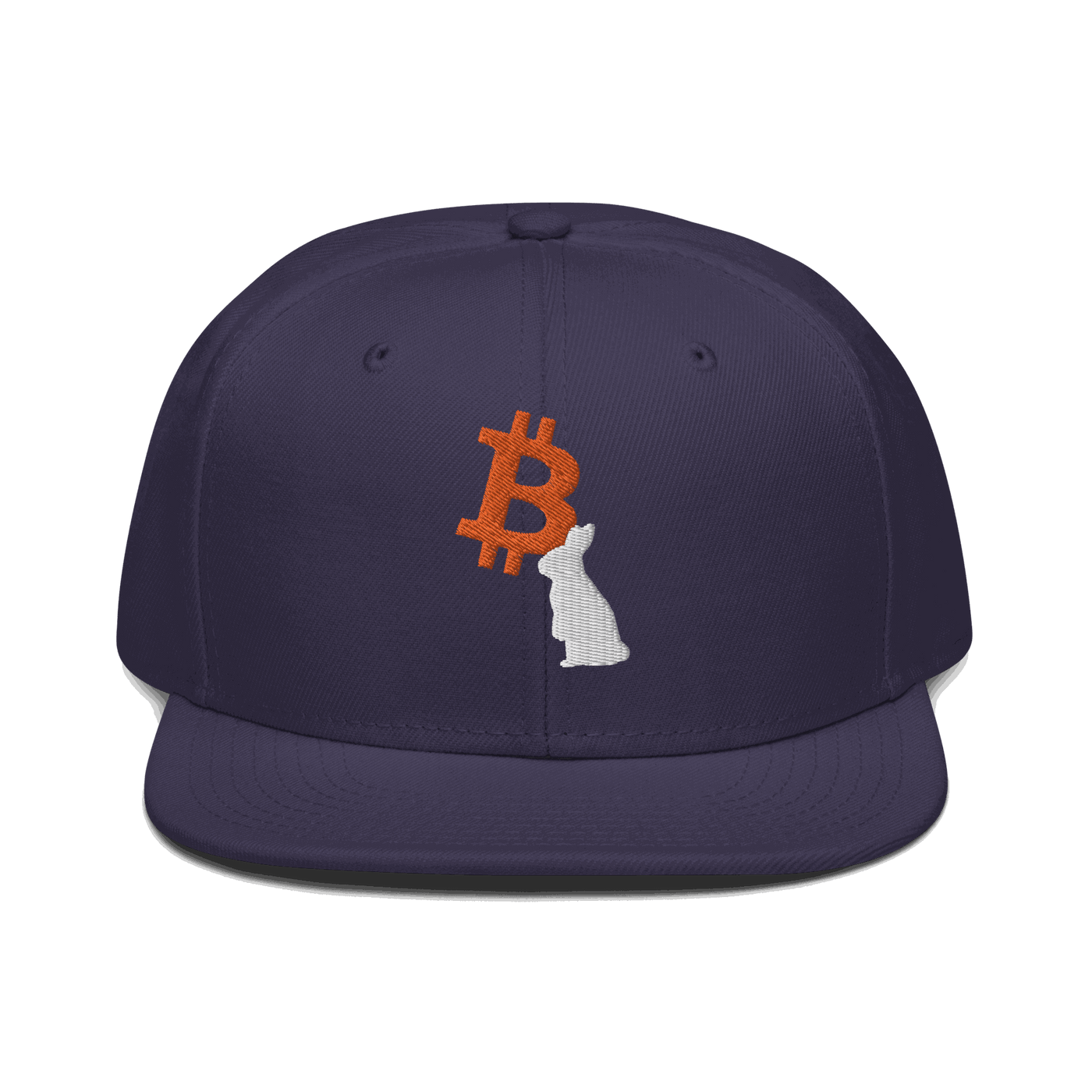 Front view of a navy blue bitcoin snapback hat.