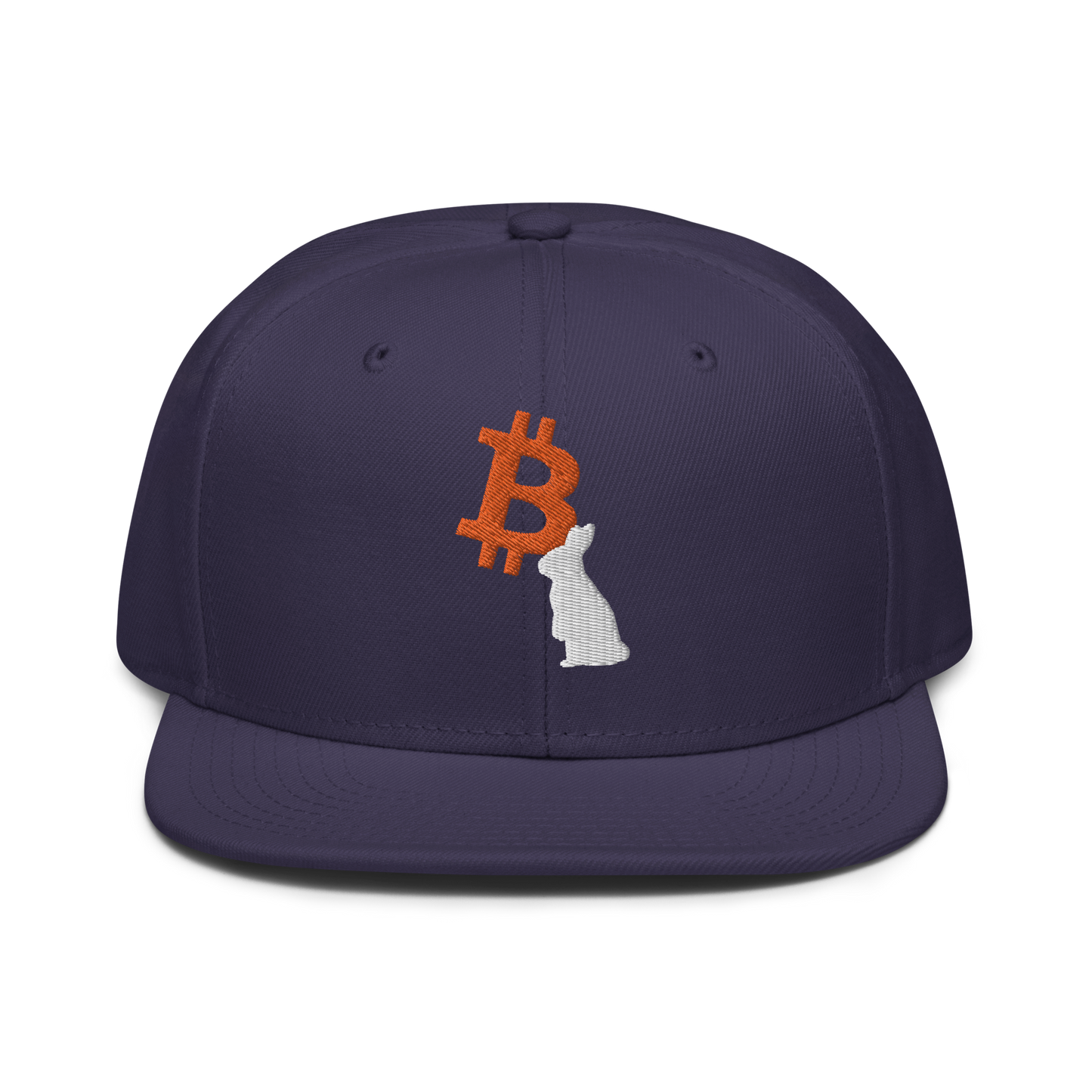 Front view of a navy blue bitcoin snapback hat.