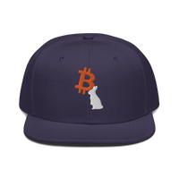 Front view of a navy blue bitcoin snapback hat.