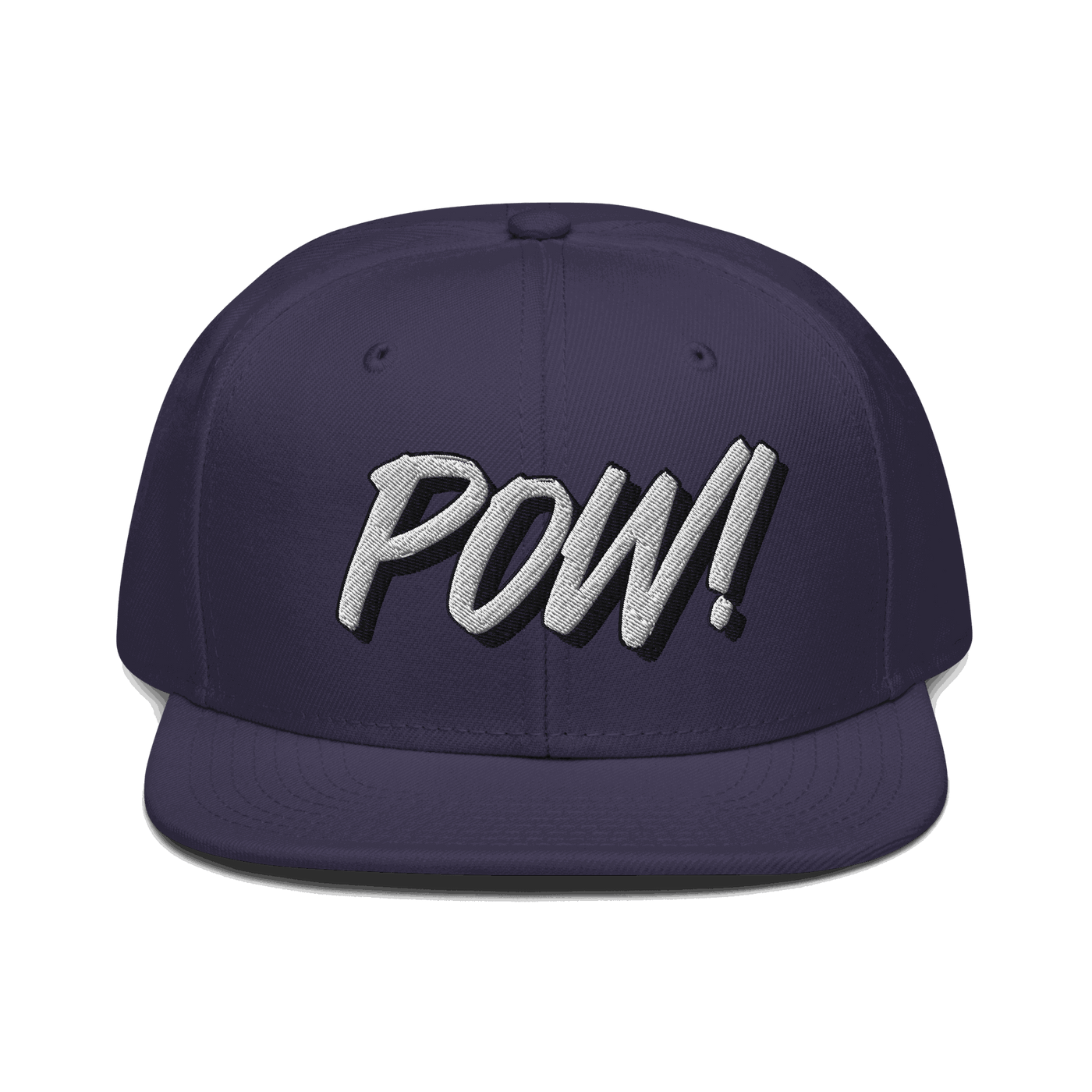 Front view of a navy blue bitcoin snapback hat.