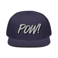 Front view of a navy blue bitcoin snapback hat.
