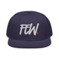 Front view of a navy blue bitcoin snapback hat.