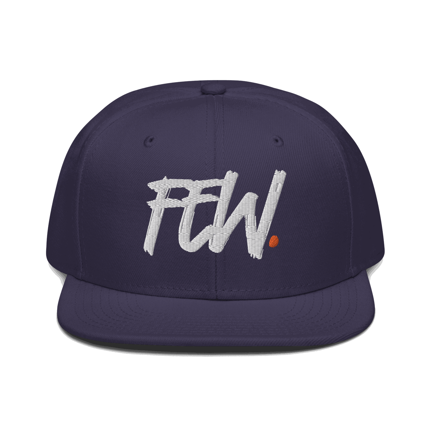 Front view of a navy blue bitcoin snapback hat.