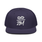 Front view of a navy blue bitcoin snapback hat.