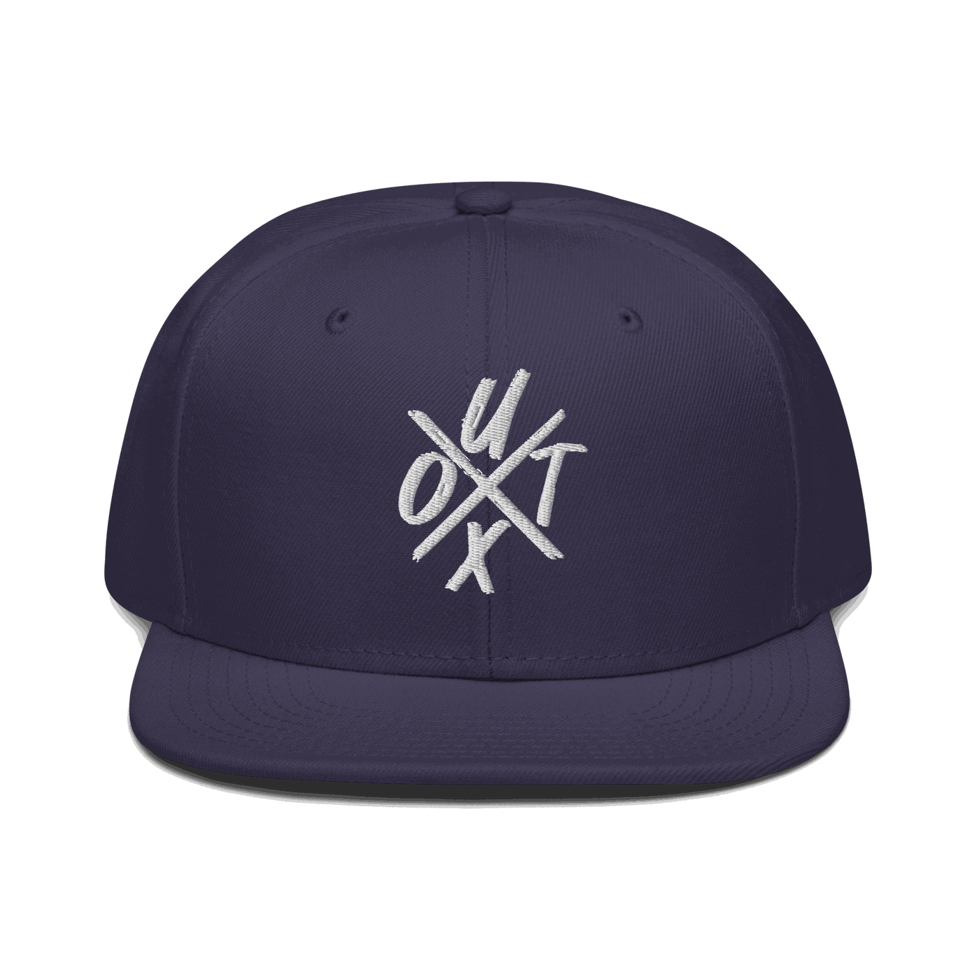 Front view of a navy blue bitcoin snapback hat.